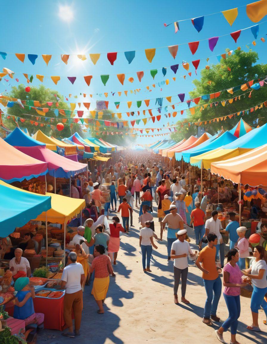 A lively scene depicting a community festival filled with colorful decorations, joyful people of diverse backgrounds dancing and celebrating together. Include food stalls with vibrant dishes, laughter, and traditional music playing in the background. The atmosphere should radiate happiness and togetherness under a bright blue sky. super-realistic. vibrant colors. 3D.
