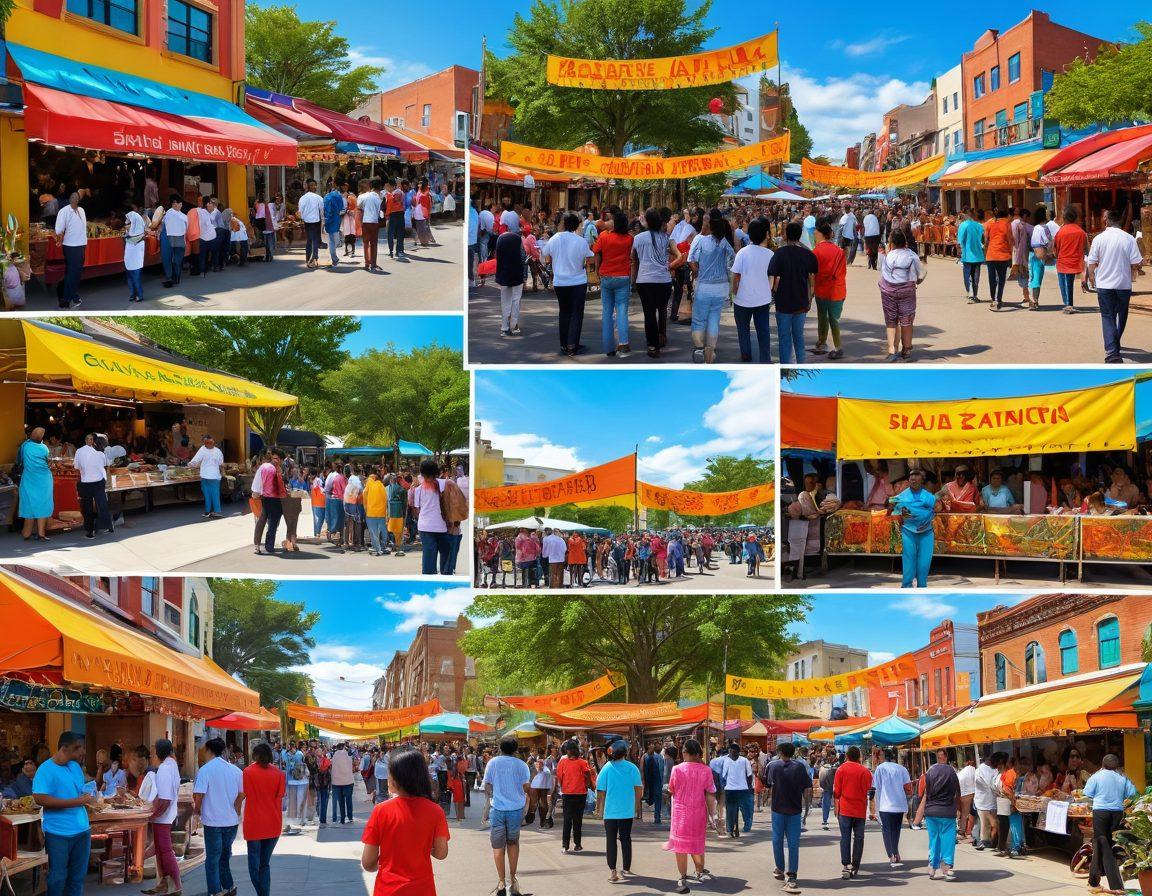 A vibrant collage of diverse community members engaged in various activities, showcasing cultural celebrations and local traditions. Include colorful banners, food stalls, and art displays, reflecting the joy and unity in diversity. Surround the scene with nature and urban elements to signify harmony. Bright, cheerful colors that evoke happiness and community spirit. super-realistic. vibrant colors.