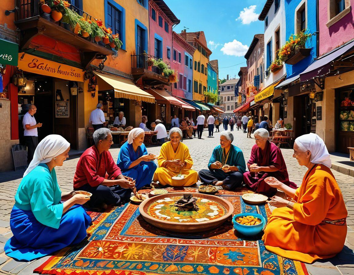 A vibrant tapestry woven with cultural symbols and traditional motifs from various cultures, set against a backdrop of a colorful town square with people of diverse backgrounds interacting, exchanging foods, music, and art. Sunlight streaming down, highlighting the textures of the fabrics and the joyful expressions of the townsfolk. super-realistic. vibrant colors. 3D.